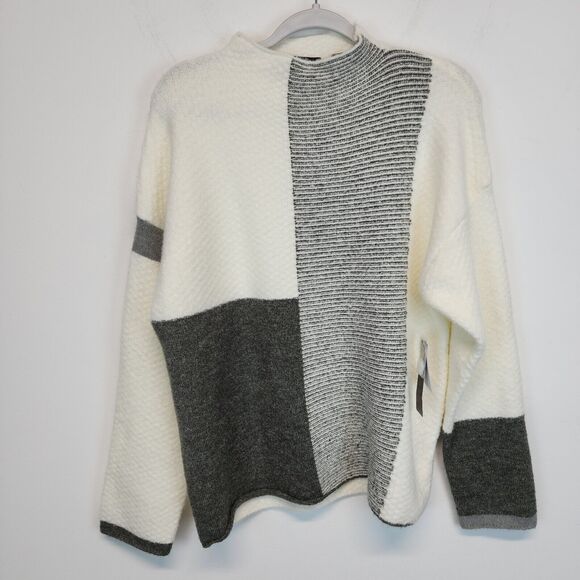 Cyrus Colorblock Mock Neck Sweater Size L Gray Cream Wool Blend Boxy Soft Chic - Picture 14 of 15